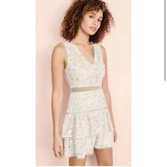 Alice + Olivia Tonie Tiered Floral Mini Dress Purple Women's 0 Eyelet Lace - Picture 6 of 13